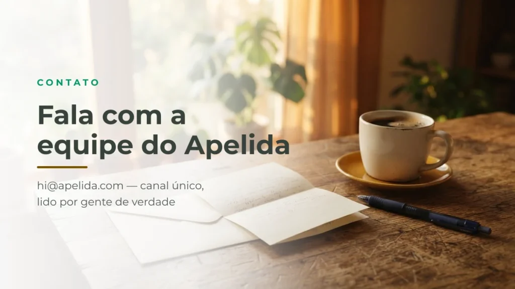 Envelope e bilhete sobre mesa de madeira com caneta gel — contato do Apelida