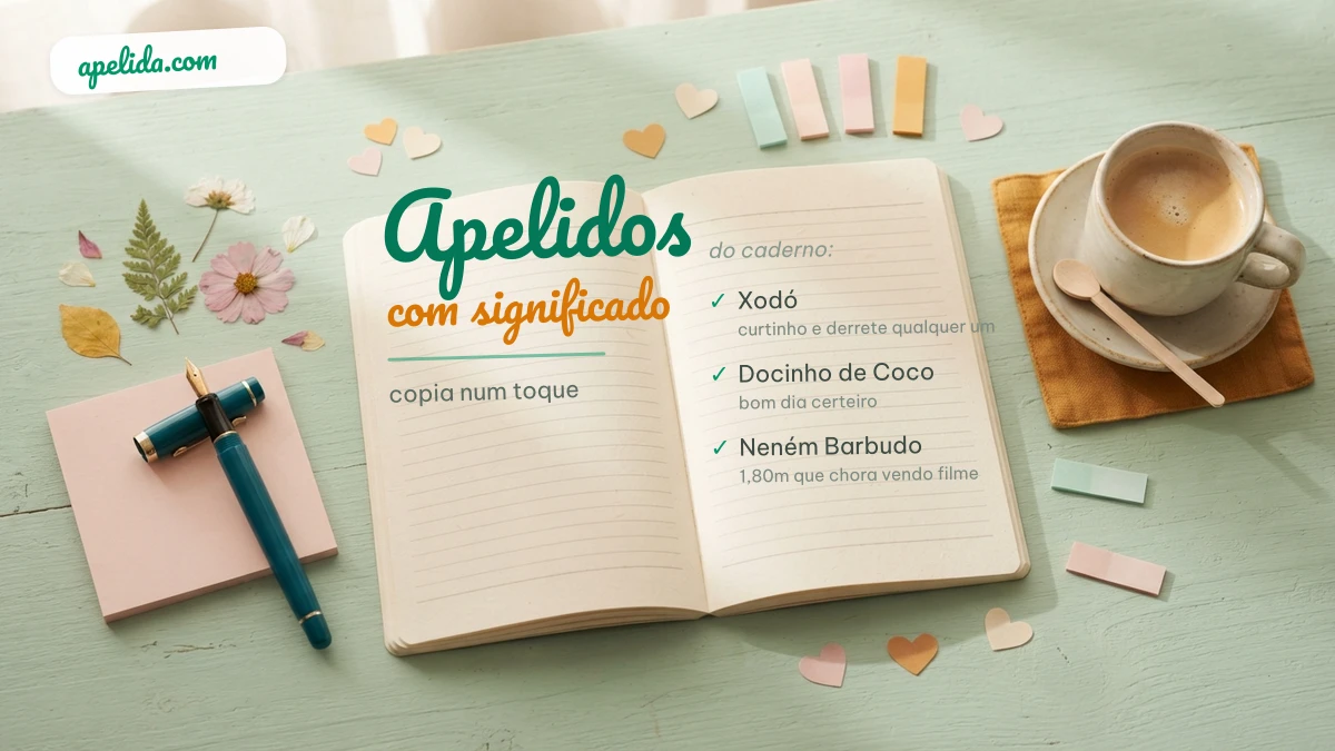 Caderno de apelidos aberto sobre mesa verde-menta, com caneta, flores secas e coraçõezinhos de papel