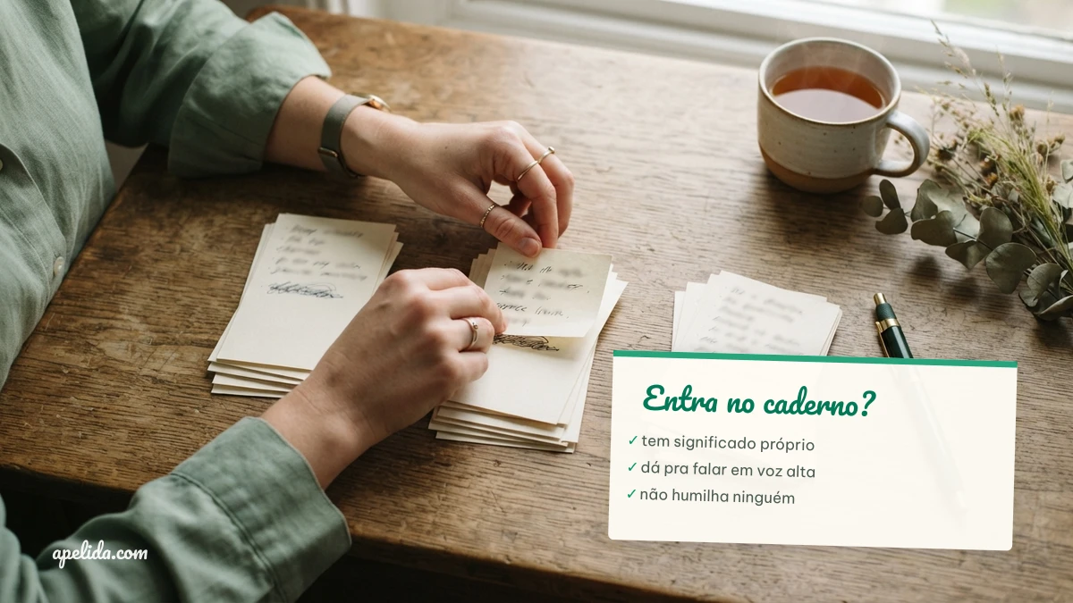 Mãos separando fichas de papel escritas à mão em pilhas sobre mesa de madeira
