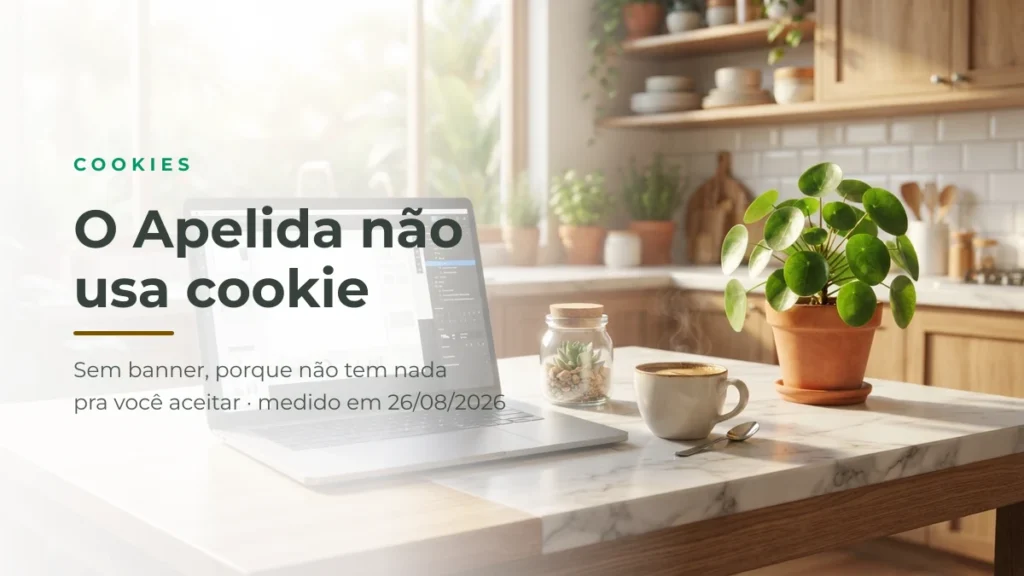 Notebook e pote de vidro sobre mesa clara — o Apelida não usa cookie