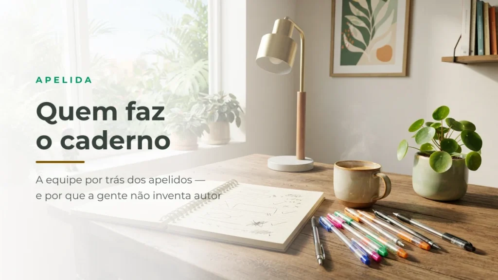 Caderno aberto com canetas gel sobre mesa de madeira — a equipe do Apelida