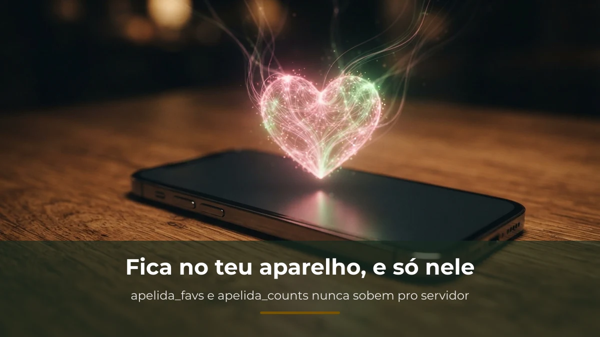 Celular sobre mesa de madeira com luz em formato de coração, representando os favoritos que ficam no aparelho