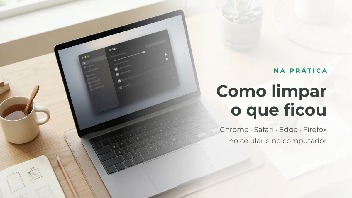 Notebook com painel de configurações vazio e pincel varrendo cubinhos, representando como limpar os dados do site