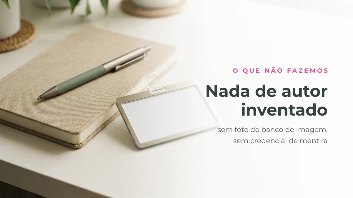 Crachá em branco sobre mesa clara, representando que o Apelida não inventa autor