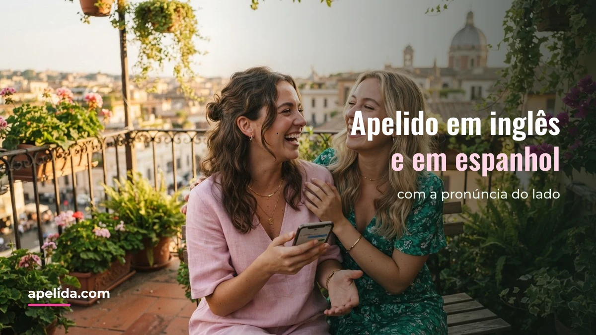 Duas amigas rindo em uma varanda enquanto veem apelidos em inglês e espanhol no celular