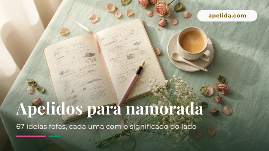 Caderno aberto com apelidos para namorada anotados à mão, ao lado de café e flores