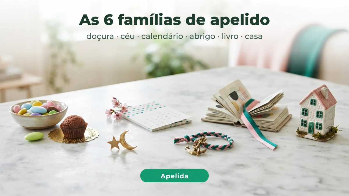 Seis grupos de objetos sobre mesa de mármore representando as famílias de apelidos para namorada