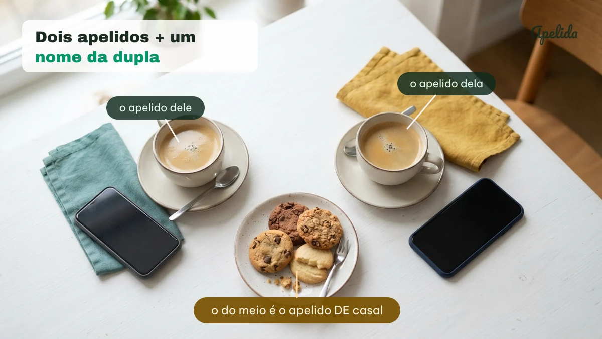 Mesa com duas xícaras e um prato no meio ilustrando os dois apelidos individuais e o apelido de casal