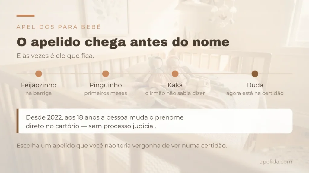 Linha do tempo do apelido brasileiro: Feijãozinho na barriga, Pinguinho nos primeiros meses, Kaká quando o irmão não sabia dizer o nome, Duda já na certidão