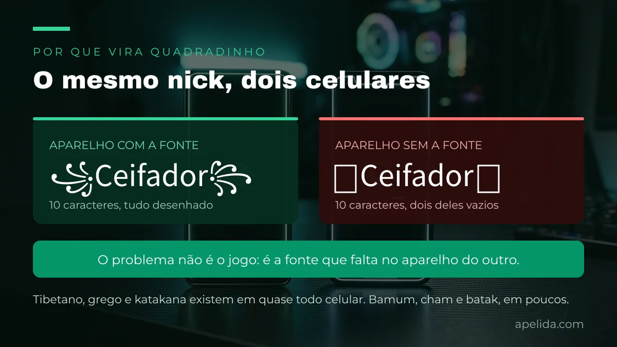 Comparação entre dois celulares: em um o nick ꧁Ceifador꧂ aparece com a moldura javanesa, no outro a moldura vira dois quadrados vazios