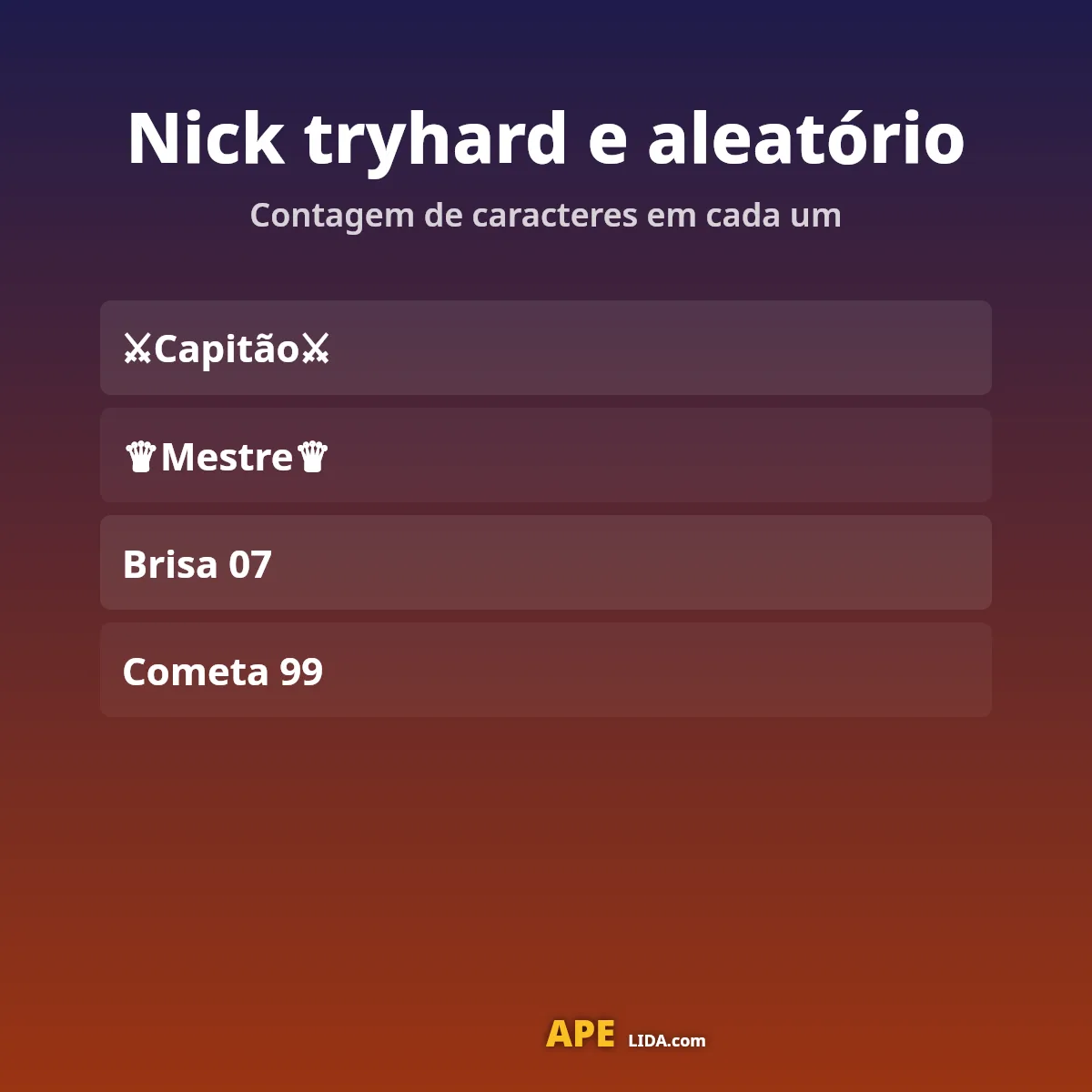 Nick tryhard e nick aleatório com contagem de caracteres